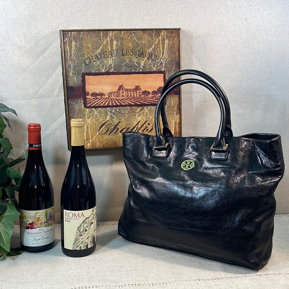TORY BURCH Smooth Soft Shiny Black Leather Tote